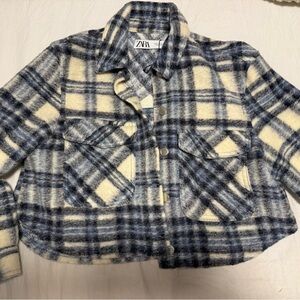 Zara Navy and Cream Checkered cropped Jacket